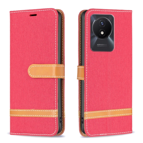 

For vivo Y02 4G Color Block Denim Texture Leather Phone Case(Red)