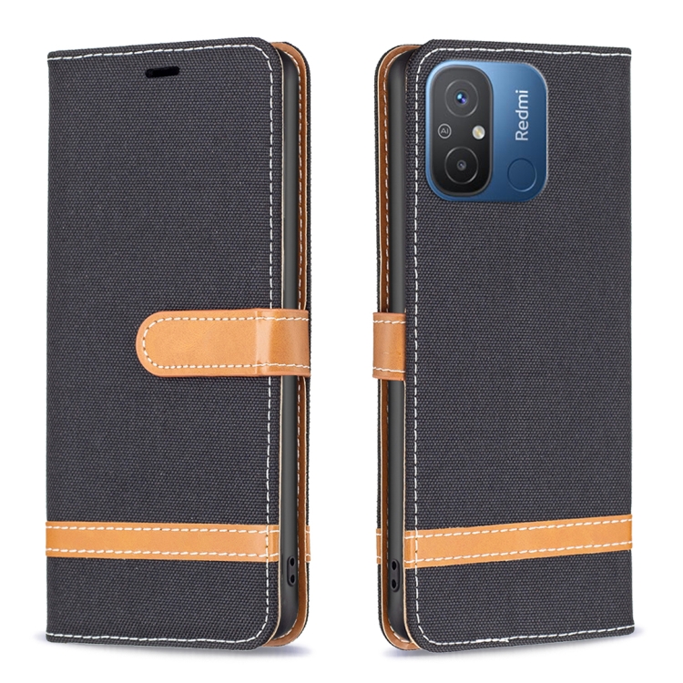 

For Xiaomi Redmi 12C Color Block Denim Texture Leather Phone Case(Black)