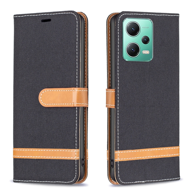 

For Xiaomi Redmi Note 12 Global Color Block Denim Texture Leather Phone Case(Black)