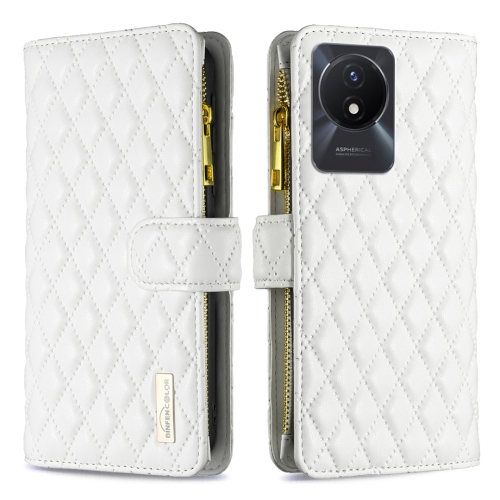 

For vivo Y02 4G Diamond Lattice Zipper Wallet Leather Flip Phone Case(White)