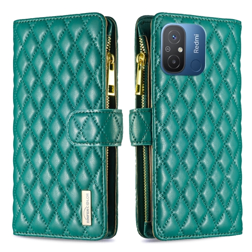 

For Xiaomi Redmi 12C Diamond Lattice Zipper Wallet Leather Flip Phone Case(Green)