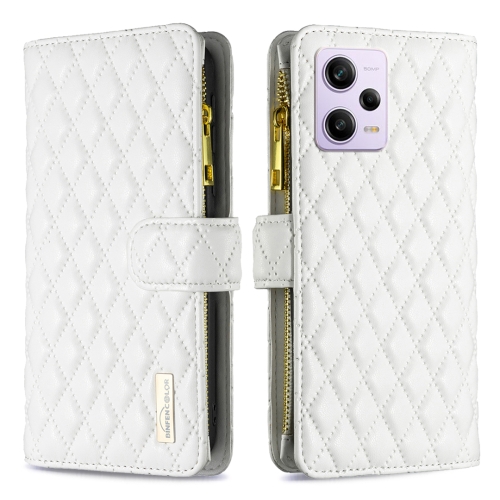 

For Xiaomi Redmi Note 12 Pro 5G Global Diamond Lattice Zipper Wallet Leather Flip Phone Case(White)