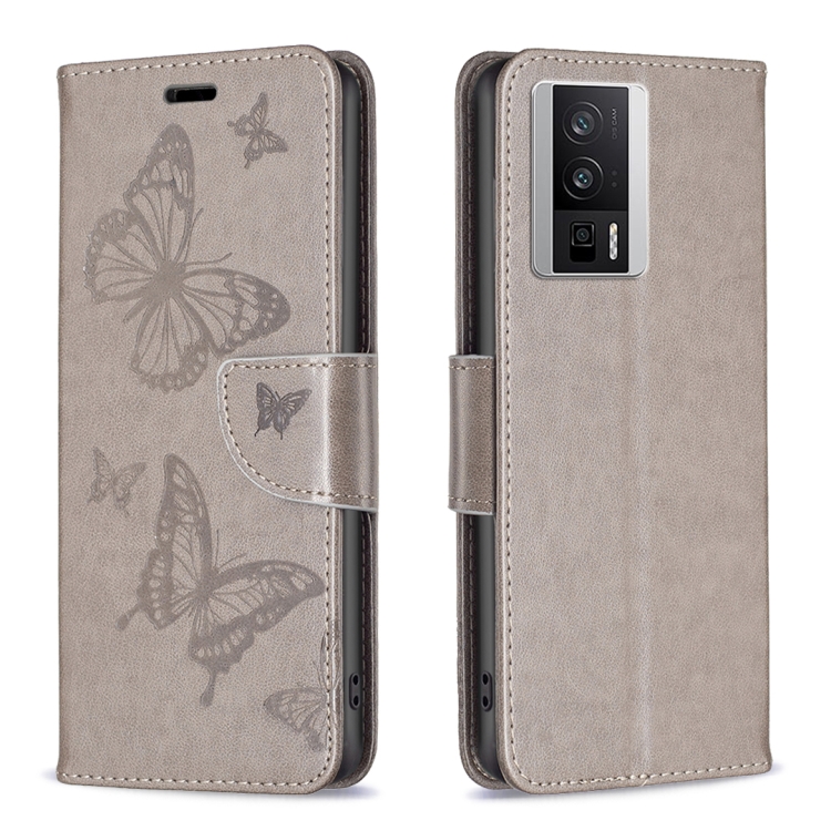 

For Xiaomi Redmi K60 / K60 Pro Embossing Two Butterflies Pattern Leather Phone Case(Grey)
