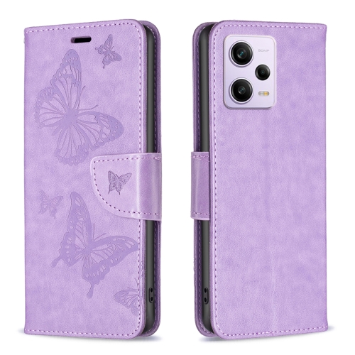 

For Xiaomi Redmi Note 12 Pro+ Global Embossing Two Butterflies Pattern Leather Phone Case(Purple)