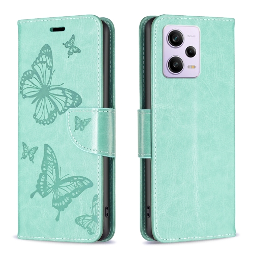 

For Xiaomi Redmi Note 12 Pro 5G Global Embossing Two Butterflies Pattern Leather Phone Case(Green)