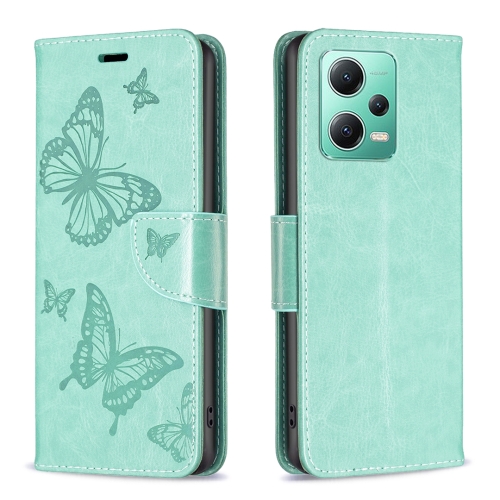 

For Xiaomi Redmi Note 12 Global Embossing Two Butterflies Pattern Leather Phone Case(Green)
