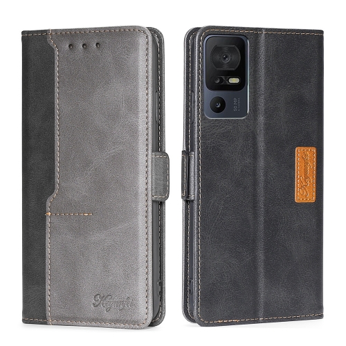 

For TCL 40 SE Contrast Color Side Buckle Leather Phone Case(Black + Grey)