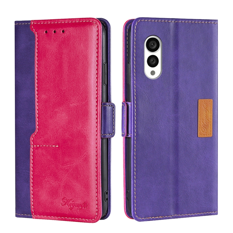 

For Fujitsu Arrows N F-51C Contrast Color Side Buckle Leather Phone Case(Purple + Rose Red)
