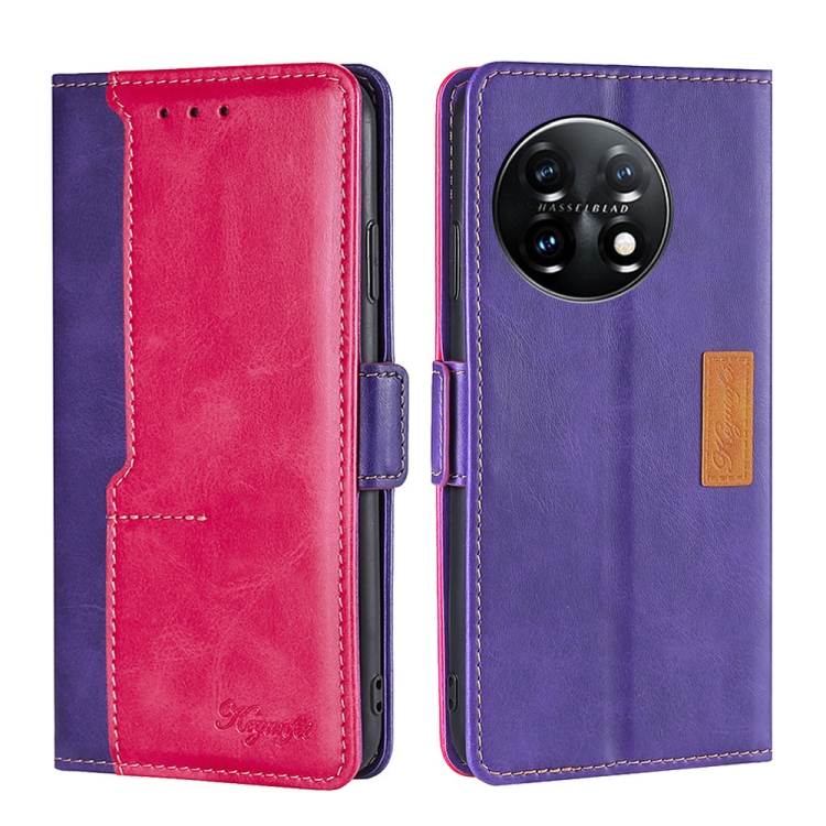 

For OnePlus 11 Contrast Color Side Buckle Leather Phone Case(Purple + Rose Red)