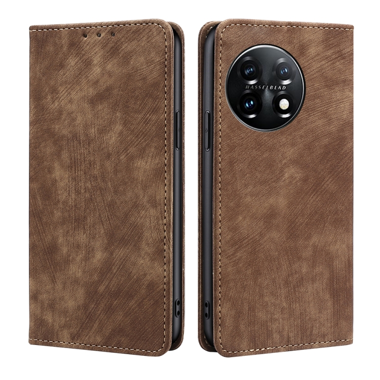 

For OnePlus 11 RFID Anti-theft Brush Magnetic Leather Phone Case(Brown)