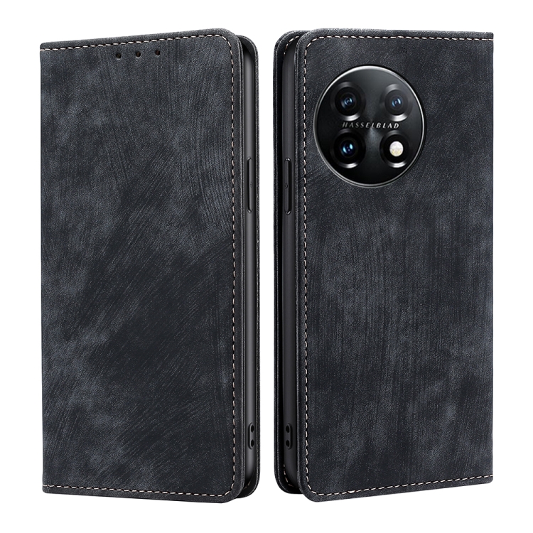 

For OnePlus 11 RFID Anti-theft Brush Magnetic Leather Phone Case(Black)