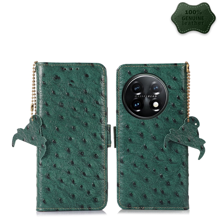 

For OnePlus 11 5G Ostrich Pattern Genuine Leather RFID Phone Case(Green)