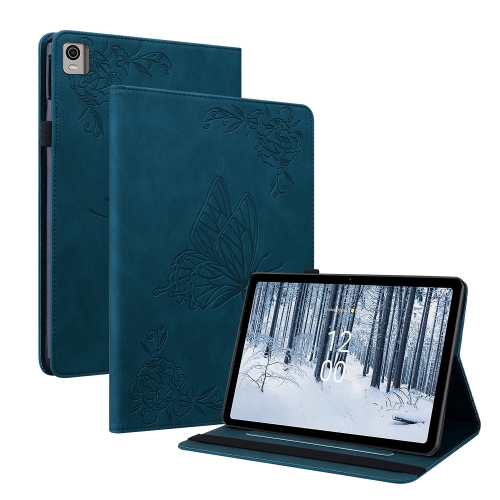 

For Nokia T21 Butterfly Flower Embossed Leather Tablet Case(Blue)