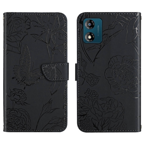 

For Motorola Moto E13 4G HT03 Skin Feel Butterfly Embossed Flip Leather Phone Case(Black)