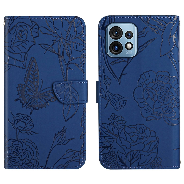

For Motorola Edge+ 2023 HT03 Skin Feel Butterfly Embossed Flip Leather Phone Case(Blue)