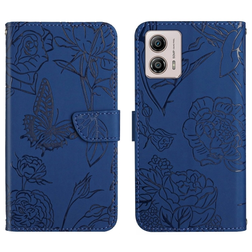 

For Motorola Moto G53 5G HT03 Skin Feel Butterfly Embossed Flip Leather Phone Case(Blue)