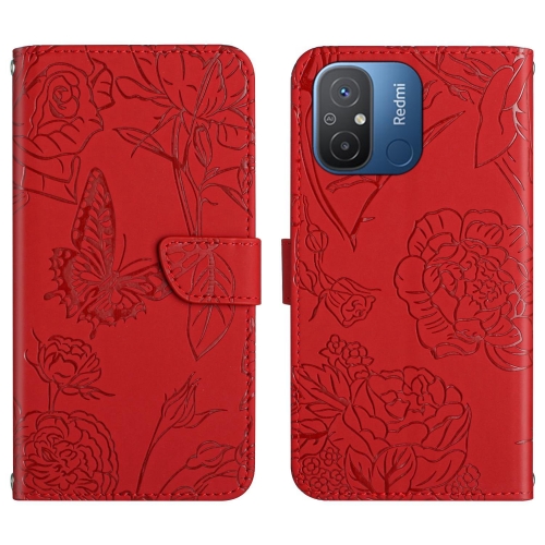 

For Xiaomi Redmi 11A 4G HT03 Skin Feel Butterfly Embossed Flip Leather Phone Case(Red)