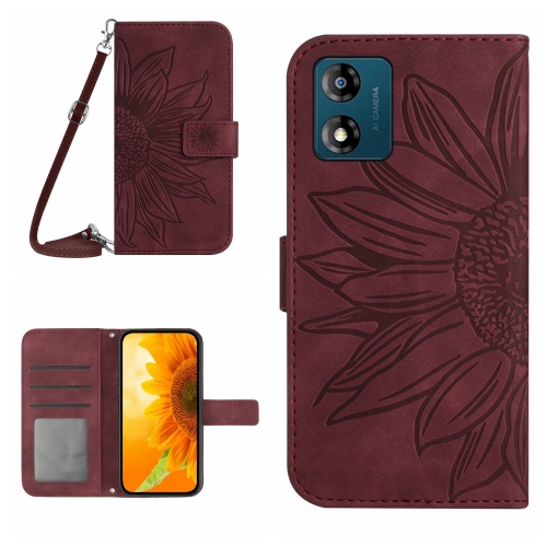 

For Motorola Moto E13 4G HT04 Skin Feel Sun Flower Embossed Flip Leather Phone Case with Lanyard(Wine Red)
