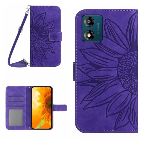 

For Motorola Moto E13 4G HT04 Skin Feel Sun Flower Embossed Flip Leather Phone Case with Lanyard(Dark Purple)