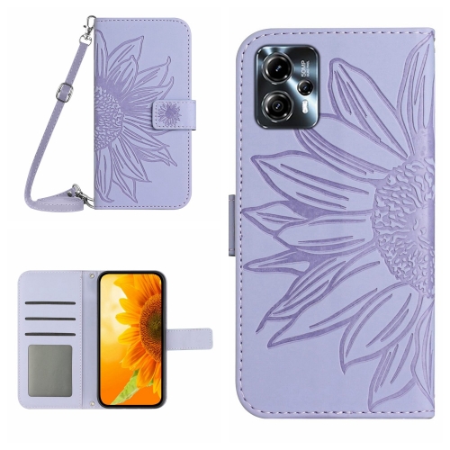 

For Motorola Moto G23 4G/G13 4G HT04 Skin Feel Sun Flower Embossed Flip Leather Phone Case with Lanyard(Purple)