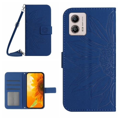 

For Motorola Moto G53 5G/G13/G23 HT04 Skin Feel Sun Flower Embossed Flip Leather Phone Case with Lanyard(Dark Blue)
