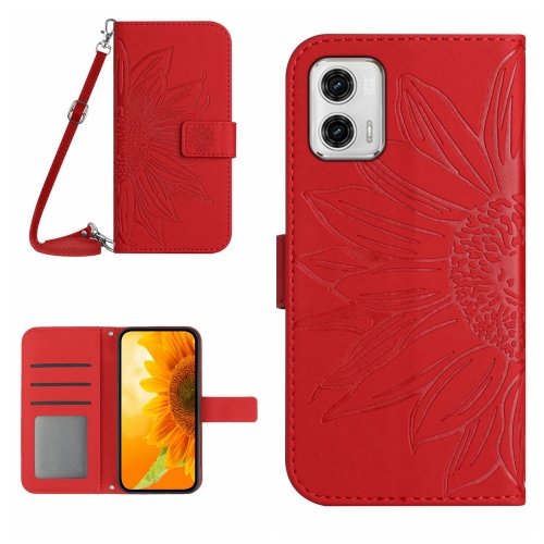 

For Motorola Moto G73 5G HT04 Skin Feel Sun Flower Embossed Flip Leather Phone Case with Lanyard(Red)