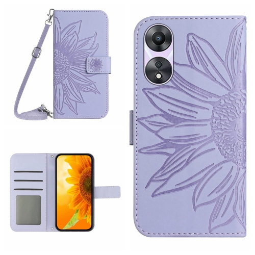 

For OPPO Reno8 T 4G HT04 Skin Feel Sun Flower Embossed Flip Leather Phone Case with Lanyard(Purple)