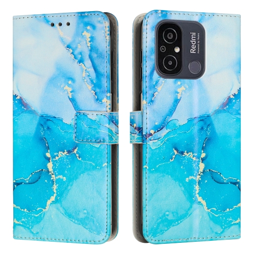 

For Xiaomi Redmi 11A Painted Marble Pattern Leather Phone Case(Blue Green)