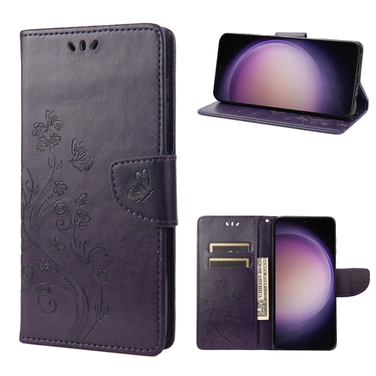 

For Samsung Galaxy S23+ 5G Butterfly Flower Pattern Flip Leather Phone Case(Dark Purple)
