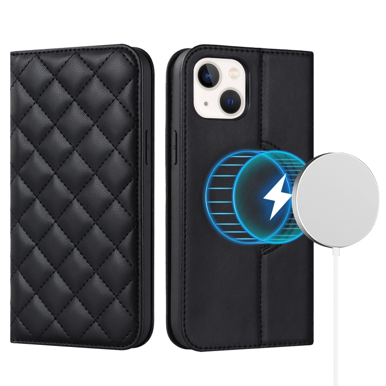 

For iPhone 13 mini Rhombic MagSafe RFID Anti-Theft Wallet Leather Phone Case(Black)