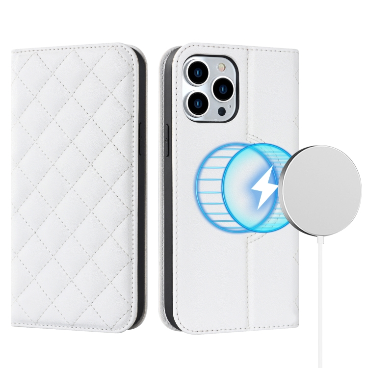 

For iPhone 12 Pro Max Rhombic MagSafe RFID Anti-Theft Wallet Leather Phone Case(White)