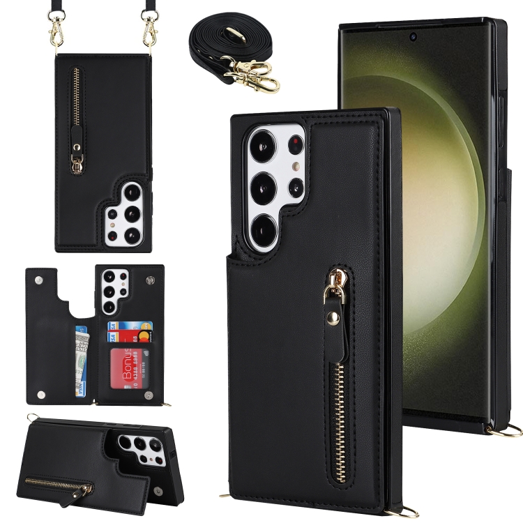 

For Samsung Galaxy S23 Ultra 5G Cross-body Zipper Square Phone Case(Black)