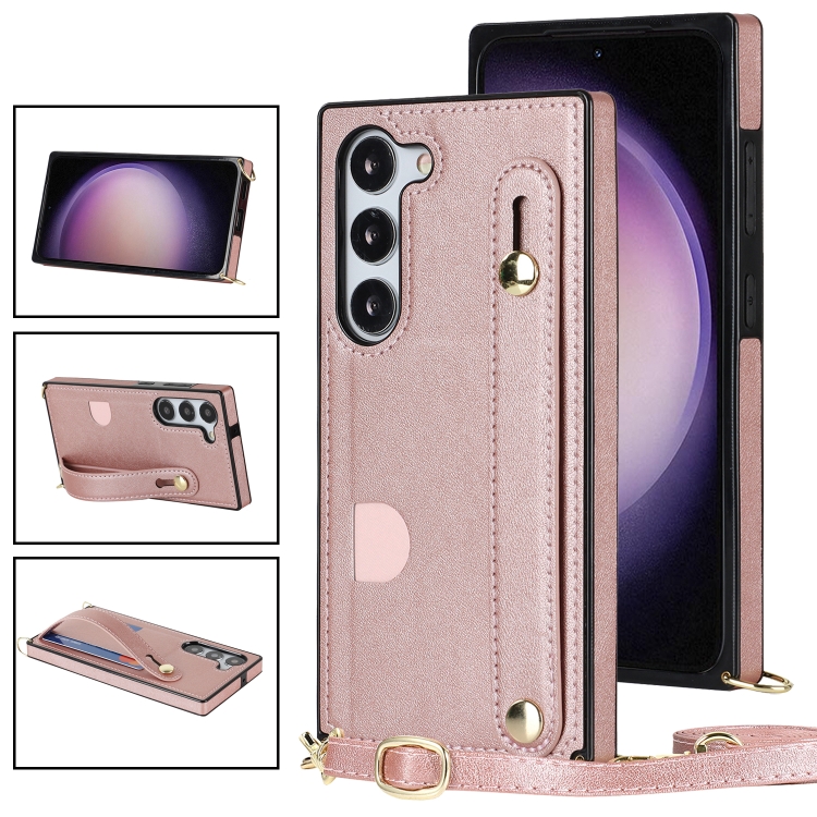 

For Samsung Galaxy S23 5G Cross-body Wristband Holder Square Phone Case(Rose Gold)