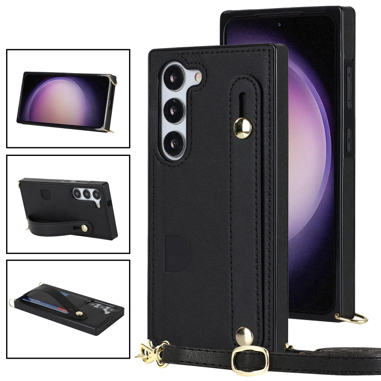 

For Samsung Galaxy S23+ 5G Cross-body Wristband Holder Square Phone Case(Black)