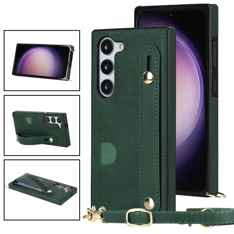 

For Samsung Galaxy S23+ 5G Cross-body Wristband Holder Square Phone Case(Green)