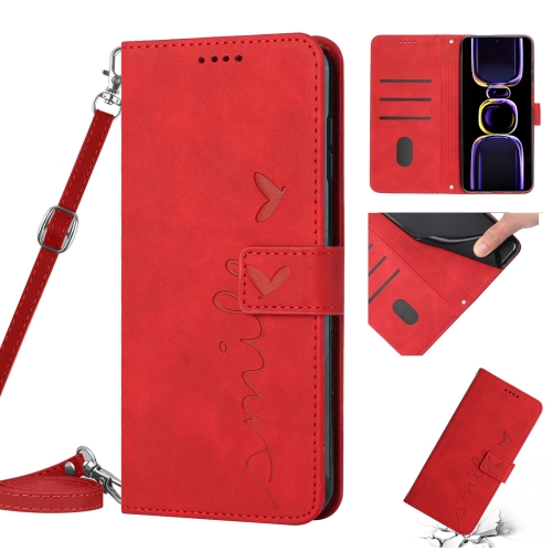 

For Xiaomi Redmi 11A 4G Skin Feel Heart Pattern Leather Phone Case with Lanyard(Red)