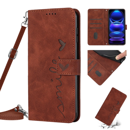 

For Xiaomi Redmi Note 12 Pro 5G Global Skin Feel Heart Pattern Leather Phone Case with Lanyard(Brown)