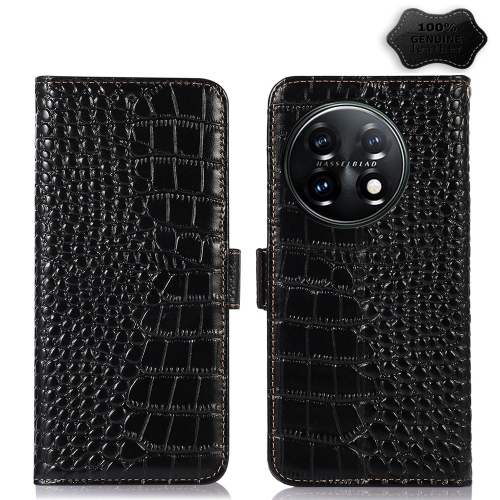 

For OnePlus 11 5G Crocodile Top Layer Cowhide RFID Leather Phone Case(Black)