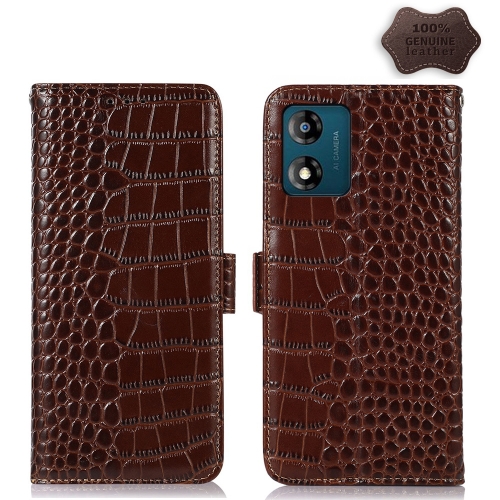 

For Motorola Moto E13 4G 2023 Crocodile Top Layer Cowhide RFID Leather Phone Case(Brown)