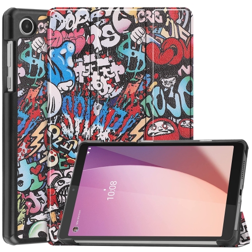 

For Lenovo Tab M8 4th Gen / TB-300FU Custer Painted 3-Fold Holder Leather Tablet Case(Graffiti)