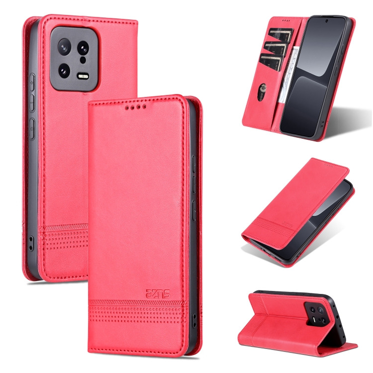 

For Xiaomi 13 AZNS Magnetic Calf Texture Flip Leather Phone Case(Red)
