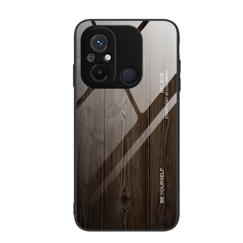 

For Xiaomi Redmi 12C Wood Grain Glass Phone Case(Black)