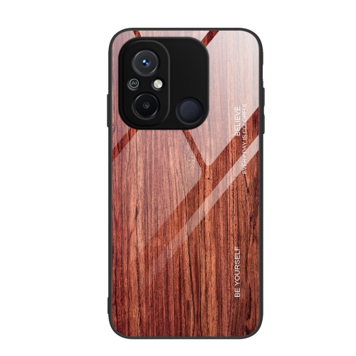 

For Xiaomi Redmi 12C Wood Grain Glass Phone Case(Coffee)