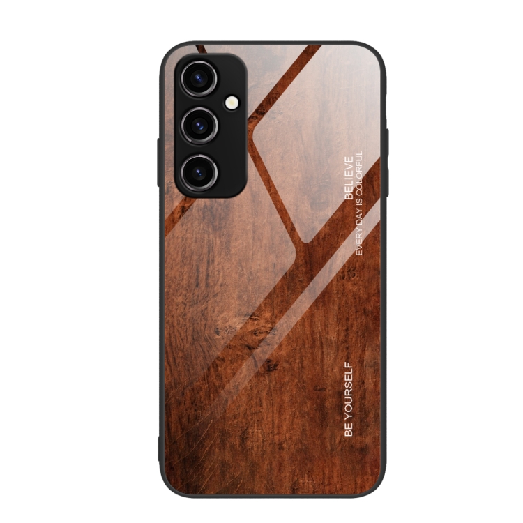 

For Samsung Galaxy A34 5G Wood Grain Glass Phone Case(Dark Brown)