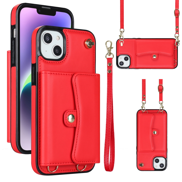 

For iPhone 14 / 13 RFID Card Slot Phone Case with Long Lanyard(Red)