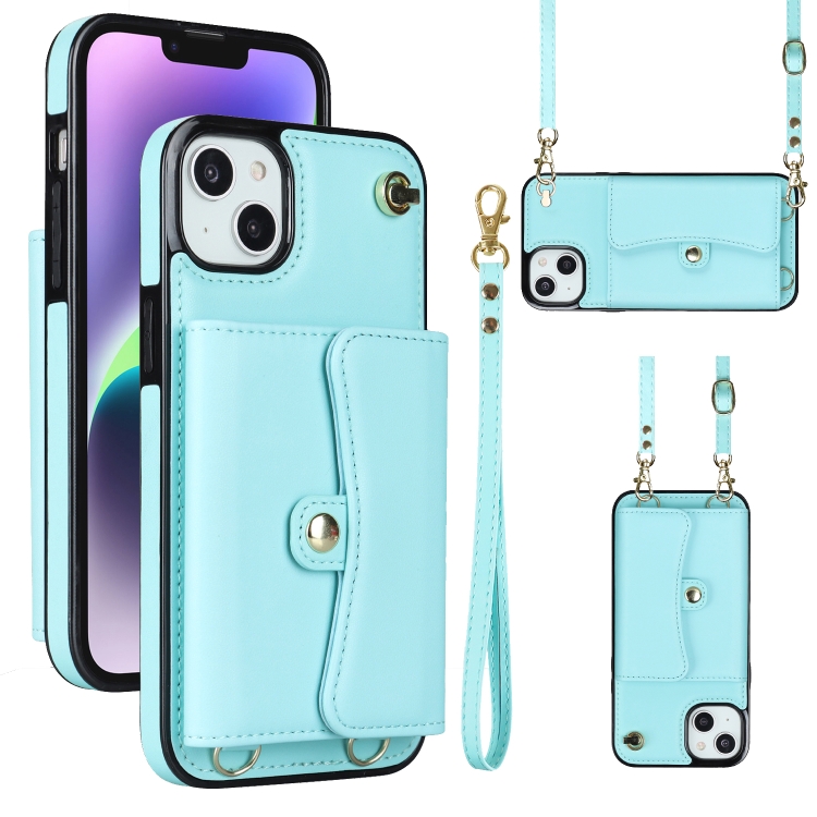 

For iPhone 14 Plus RFID Card Slot Phone Case with Long Lanyard(Mint Green)