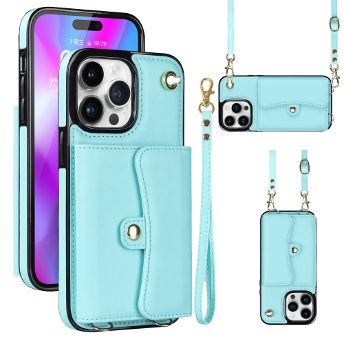 

For iPhone 14 Pro RFID Card Slot Phone Case with Long Lanyard(Mint Green)