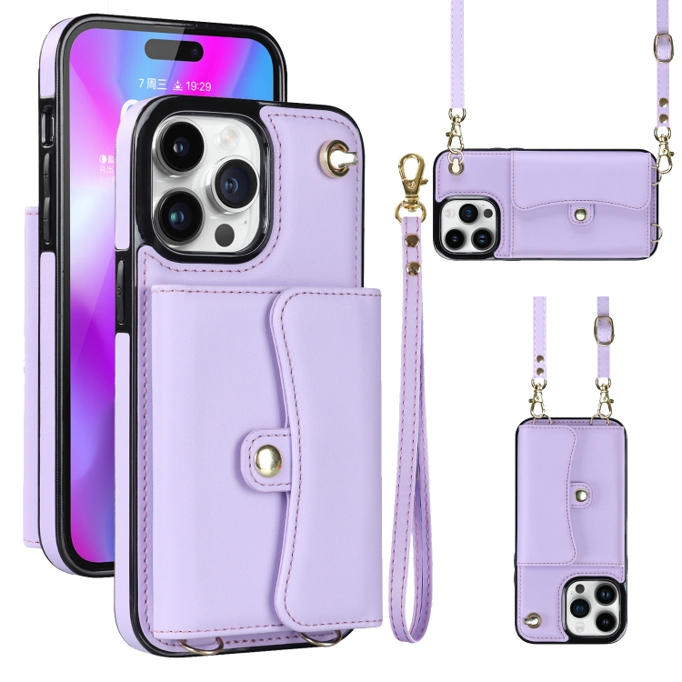 

For iPhone 14 Pro RFID Card Slot Phone Case with Long Lanyard(Purple)