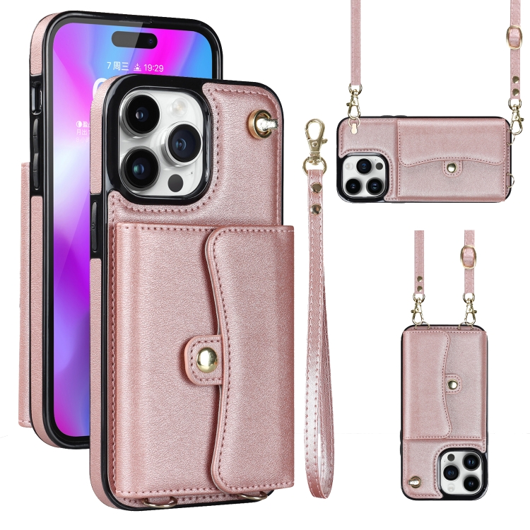 

For iPhone 14 Pro Max RFID Card Slot Phone Case with Long Lanyard(Rose Gold)