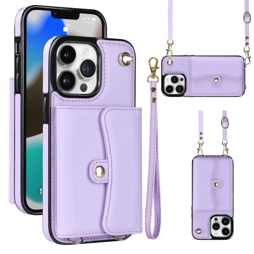 

For iPhone 13 Pro Max RFID Card Slot Phone Case with Long Lanyard(Purple)